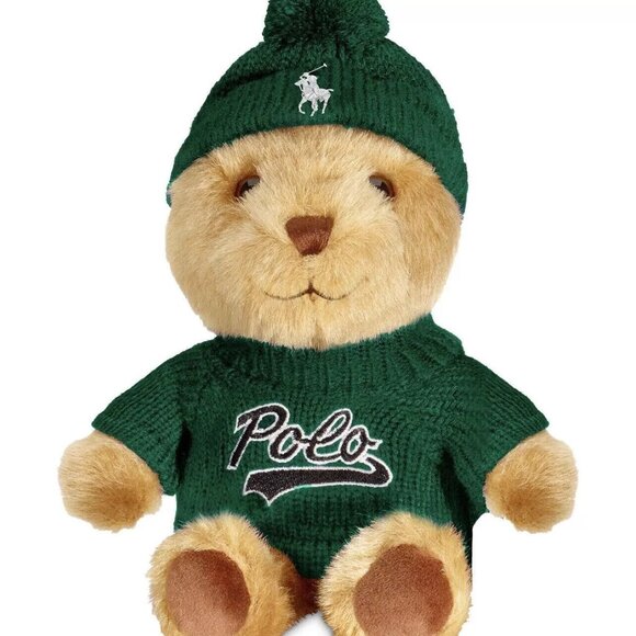 Ralph Lauren Mini Brown Plush Teddy Bear Green Sweater & Hat New In Gift Box - Picture 1 of 8